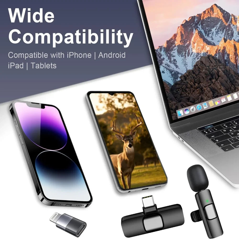 2Pcs Wireless Lavalier Microphones Mini Clip-on Mic Crystal Clear Audio for iPhone Android iPad Live Stream Vlog Recording