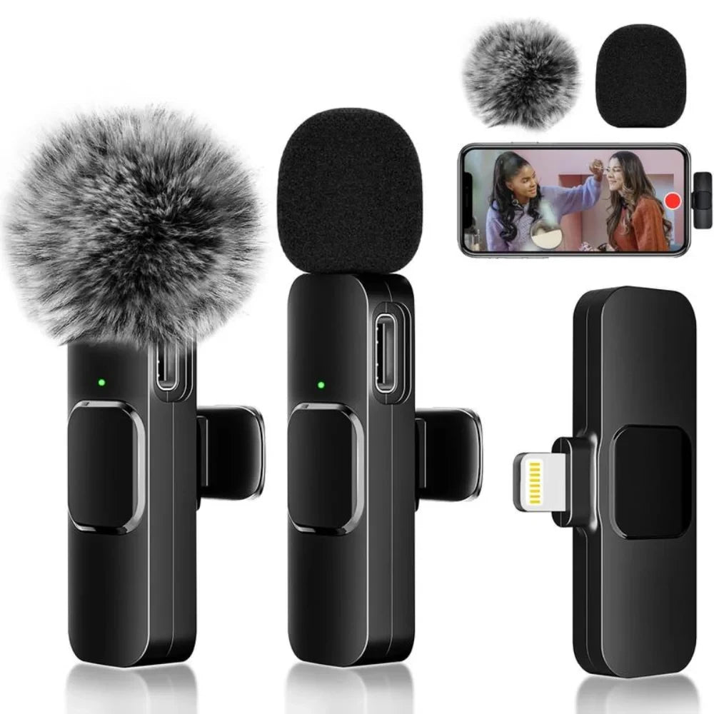 2Pcs Wireless Lavalier Microphones Mini Clip-on Mic Crystal Clear Audio for iPhone Android iPad Live Stream Vlog Recording